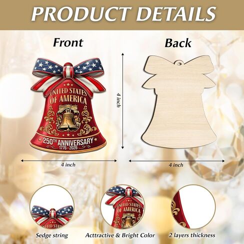 250th Anniversary United States of America Ornament (1776–2026) – Patriotic Wooden Christmas Decoration, Independence Day Keepsake, USA Liberty Bell Hanging Ornament in Saudi Arabia