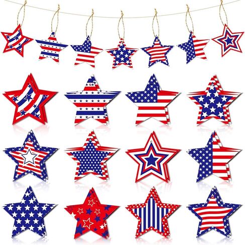 24Pcs Patriotic Star Hanging Decorations Red White Blue Stars 4th of July Hanging Ornaments with Strings American Flag Designs Ornaments for Independence Day Party Decoration Supplies in Saudi Arabia