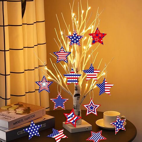 24Pcs Patriotic Star Hanging Decorations Red White Blue Stars 4th of July Hanging Ornaments with Strings American Flag Designs Ornaments for Independence Day Party Decoration Supplies in Saudi Arabia