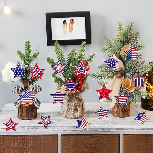 24Pcs Patriotic Star Hanging Decorations Red White Blue Stars 4th of July Hanging Ornaments with Strings American Flag Designs Ornaments for Independence Day Party Decoration Supplies in Saudi Arabia
