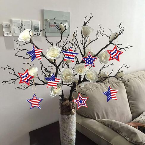 24Pcs Patriotic Star Hanging Decorations Red White Blue Stars 4th of July Hanging Ornaments with Strings American Flag Designs Ornaments for Independence Day Party Decoration Supplies in Saudi Arabia