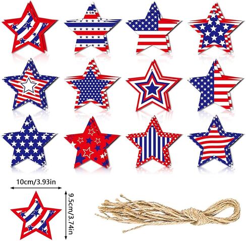 24Pcs Patriotic Star Hanging Decorations Red White Blue Stars 4th of July Hanging Ornaments with Strings American Flag Designs Ornaments for Independence Day Party Decoration Supplies in Saudi Arabia