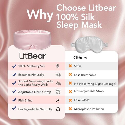 LitBear Silk Sleep Mask for Women, Adjustable 100% Mulberry Silk Sleeping Eye Mask for Side Sleeper, Total Blackout Eye Cover for All Night Sleep, Travel, Office, or Napping (Pink) in Saudi Arabia
