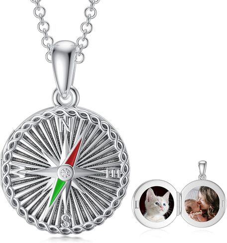 SOULMEET Compass Locket Necklace that Holds 2 Pictures Sterling Silver Graduation Gifts Round Shape Nautical Photo Lockets Pendant for Naval Students in Kuwait