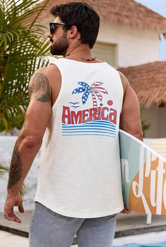 Men Slub Cotton Graphic Tank Top Summer Beach Muscle Sleeveless Shirt (S-XXL) in Kuwait