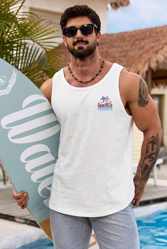Men Slub Cotton Graphic Tank Top Summer Beach Muscle Sleeveless Shirt (S-XXL) in Kuwait