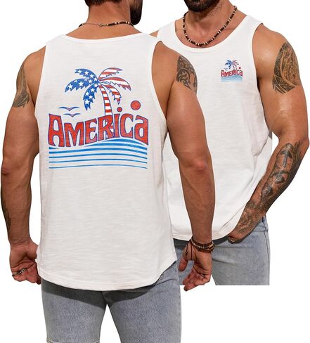 Men Slub Cotton Graphic Tank Top Summer Beach Muscle Sleeveless Shirt (S-XXL) in Kuwait