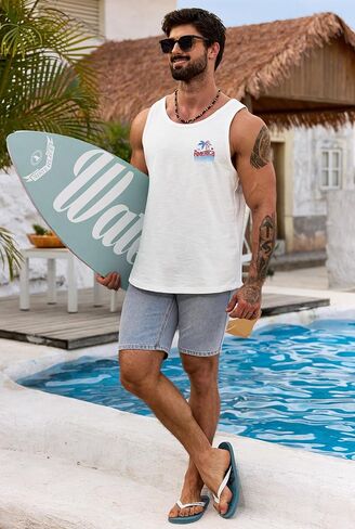 Men Slub Cotton Graphic Tank Top Summer Beach Muscle Sleeveless Shirt (S-XXL) in Kuwait
