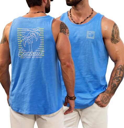 Men Slub Cotton Graphic Tank Top Summer Beach Muscle Sleeveless Shirt (S-XXL) in Kuwait