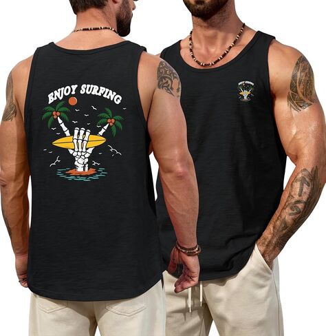 Men Slub Cotton Graphic Tank Top Summer Beach Muscle Sleeveless Shirt (S-XXL) in Kuwait