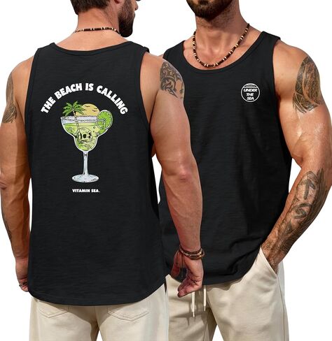Men Slub Cotton Graphic Tank Top Summer Beach Muscle Sleeveless Shirt (S-XXL) in Kuwait