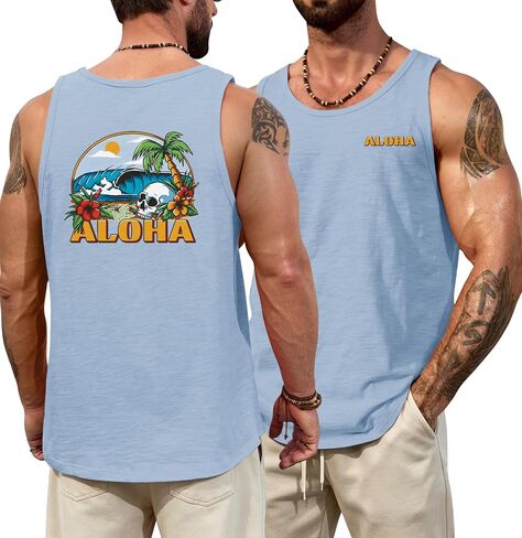 Men Slub Cotton Graphic Tank Top Summer Beach Muscle Sleeveless Shirt (S-XXL) in Kuwait