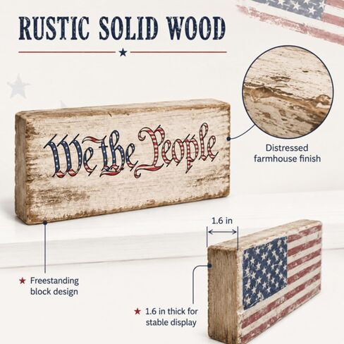 Pinkunn 4th of July Table Decorations Vintage Wooden Patriotic Tabletop Decoration Independence Day Tiered Tray Decor Farmhouse American Flag Block Sign Double Sided Centerpieces for Shelf Home Office in Kuwait