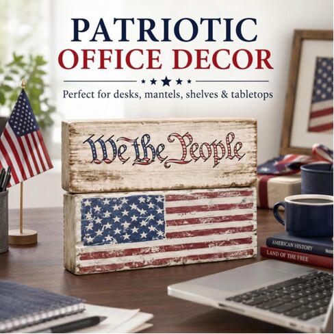 Pinkunn 4th of July Table Decorations Vintage Wooden Patriotic Tabletop Decoration Independence Day Tiered Tray Decor Farmhouse American Flag Block Sign Double Sided Centerpieces for Shelf Home Office in Kuwait