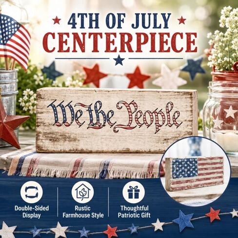 Pinkunn 4th of July Table Decorations Vintage Wooden Patriotic Tabletop Decoration Independence Day Tiered Tray Decor Farmhouse American Flag Block Sign Double Sided Centerpieces for Shelf Home Office in Kuwait