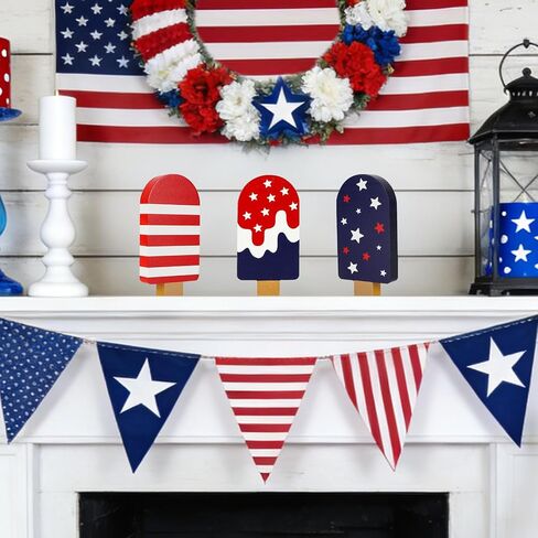 4th of July Decorations 3Pcs Wooden Patriotic Signs Memorial Day Decorations Red White and Blue Decorations Labor Day Decor 250 Anniversary Decorations for Independence Day Home Office Tiered Tray Table Shelf in Kuwait