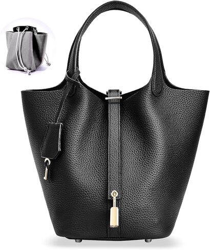 Designer Leather Bucket Bags for Women: Trendy Genuine Leather Tote Purses - Best Luxury Satchel Ladies Top-Handle Handbags for Traver & Work(Black) in Saudi Arabia