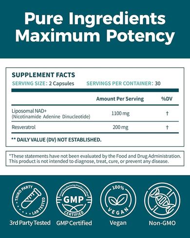 NAD Liposomal NAD+ Supplement 1100mg NAD Plus with Trans-Resveratrol - Support Cellular Health, Skin, Energy & Anti Aging for Women and Men - 30 Servings in Kuwait