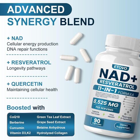 NAD+ Supplement, 8525 mg Liposomal NAD Resveratrol Supplement for Women and Men with Coptisine Quercetin Curcumin Supports Cellular Health, Energy & Healthy Anti-Aging 180 Counts in Kuwait
