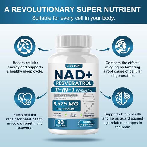 NAD+ Supplement, 8525 mg Liposomal NAD Resveratrol Supplement for Women and Men with Coptisine Quercetin Curcumin Supports Cellular Health, Energy & Healthy Anti-Aging 180 Counts in Kuwait