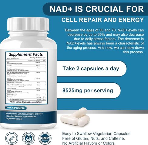 NAD+ Supplement, 8525 mg Liposomal NAD Resveratrol Supplement for Women and Men with Coptisine Quercetin Curcumin Supports Cellular Health, Energy & Healthy Anti-Aging 180 Counts in Kuwait