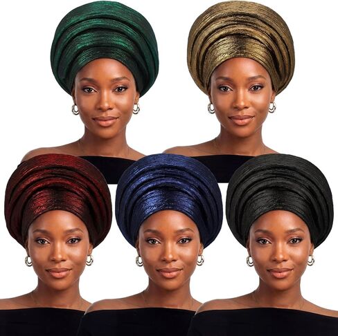 Unittype 5 قطع قبعات أفريقية مربوطة مسبقًا للسيدات Auto Gele African Head Wrap Church Turban Head Tie of Nigeria Aso Oke قبعة الرأس للنساء، 5 ألوان in Kuwait