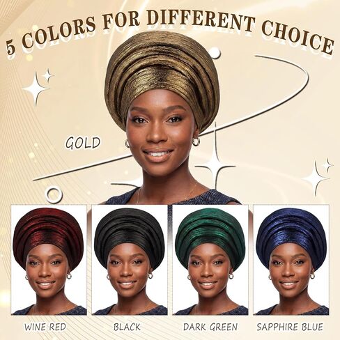 Unittype 5 قطع قبعات أفريقية مربوطة مسبقًا للسيدات Auto Gele African Head Wrap Church Turban Head Tie of Nigeria Aso Oke قبعة الرأس للنساء، 5 ألوان in Kuwait