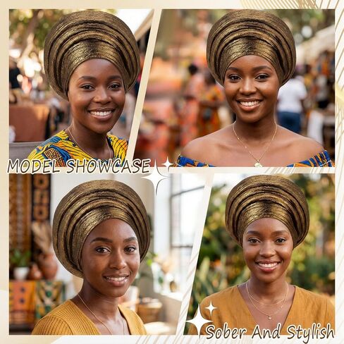 Unittype 5 قطع قبعات أفريقية مربوطة مسبقًا للسيدات Auto Gele African Head Wrap Church Turban Head Tie of Nigeria Aso Oke قبعة الرأس للنساء، 5 ألوان in Kuwait