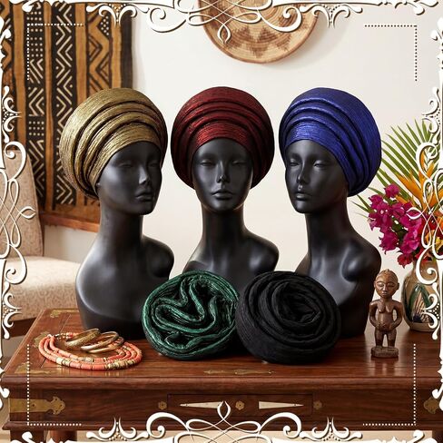 Unittype 5 قطع قبعات أفريقية مربوطة مسبقًا للسيدات Auto Gele African Head Wrap Church Turban Head Tie of Nigeria Aso Oke قبعة الرأس للنساء، 5 ألوان in Kuwait