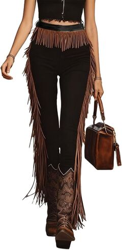 Women's Vintage Western Fringe Pants, Casual Side Tassel Skinny Pants Bodycon Slim Long Trousers in Saudi Arabia