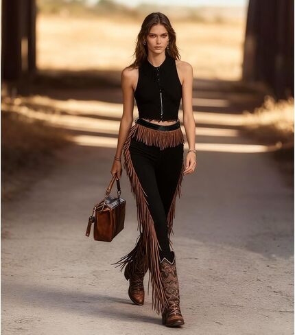 Women's Vintage Western Fringe Pants, Casual Side Tassel Skinny Pants Bodycon Slim Long Trousers in Saudi Arabia