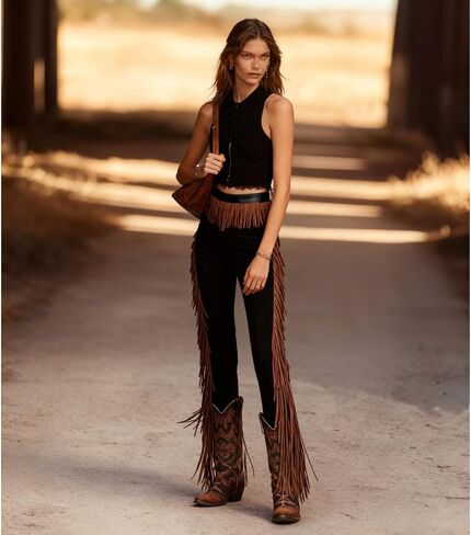 Women's Vintage Western Fringe Pants, Casual Side Tassel Skinny Pants Bodycon Slim Long Trousers in Saudi Arabia