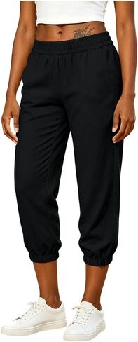 Cropped Pants for Women Cotton Linen Casual Summer 2026 Straight Loose Fit Elastic Waist Capris Linen Joggers in Kuwait