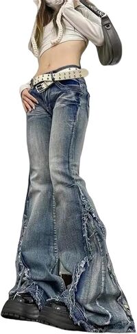 Women Y2K Hippy Denim Bell Bottom Pants - 70s Goth Distressed Low Waist Flare Wide Leg Beach Teacher in Saudi Arabia