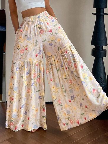Womens Wide Leg Pants Floral Lightweight Elastic Waist Palazzo Pants Boho Summer Casual Fashion Outfits in Kuwait