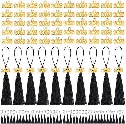 Mini Graduation Tassels, 50Pcs Mini Graduation Tassels with 50 Pcs 2026 Tassel Charms for Graduation Cap Keychain Ornaments DIY Craft Bookmarks Gifts Tag Jewelry Making Project,Black in Kuwait