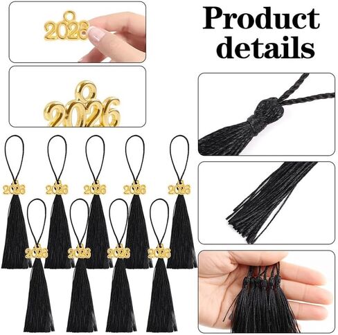 Mini Graduation Tassels, 50Pcs Mini Graduation Tassels with 50 Pcs 2026 Tassel Charms for Graduation Cap Keychain Ornaments DIY Craft Bookmarks Gifts Tag Jewelry Making Project,Black in Kuwait
