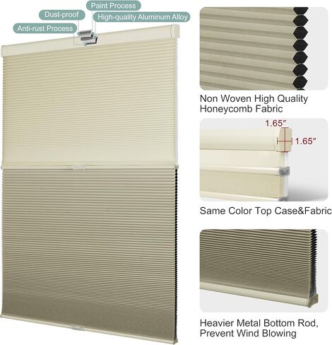 BERISSA Day Night Cellular Shades Cordless,Honeycomb Blinds for Windows,Thermal Insulated Window Shades for Home Office,Easy to Install,31" W x 64" H(Light Filtering+Blackout Beige) in Kuwait