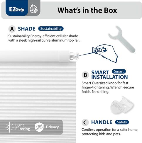 DEZ FURNISHINGS EZ Grip PRO No Tools No Drill Light Filtering 1" Cordless Cellular Shade, Easy Finger-Tighten Install, 32" W x 64" H, White in Kuwait