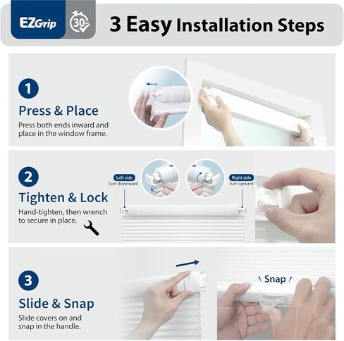DEZ FURNISHINGS EZ Grip PRO No Tools No Drill Light Filtering 1" Cordless Cellular Shade, Easy Finger-Tighten Install, 32" W x 64" H, White in Kuwait