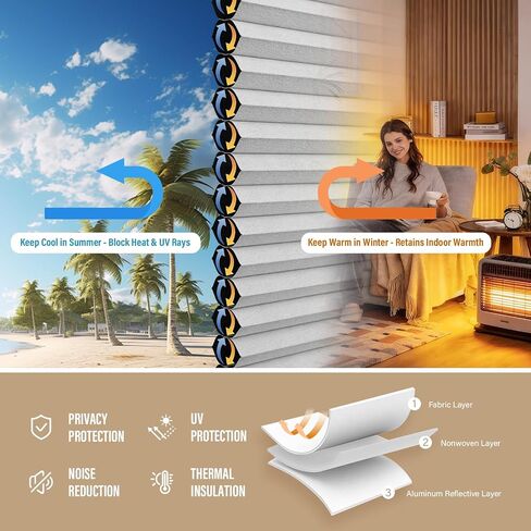 AOSKY 100% Blackout No Drill Cellular Shades Blinds for Indoor Windows, No Tools Thermal Insulated Black Out Cordless Honeycomb Blinds for Bedroom Living Room Window, 66" W x 64" H, White in Kuwait