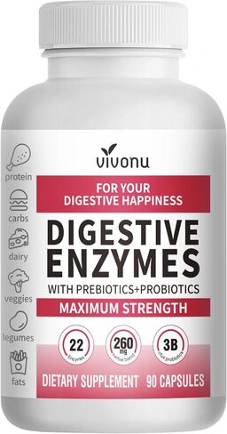 VivoNu Digestive Enzymes | 22 Enzymes with Organic Prebiotics & Probiotics | Supports Digestion* of Protein, Carbs, Fiber & Dairy | 180 Capsules in Kuwait