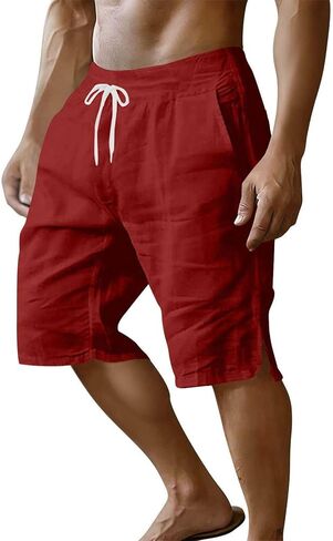 Mens Casual Shorts Cotton Elastic Waist Shorts Drawstring Summer Beach Short Side Split Lightweight Loose Short in Kuwait