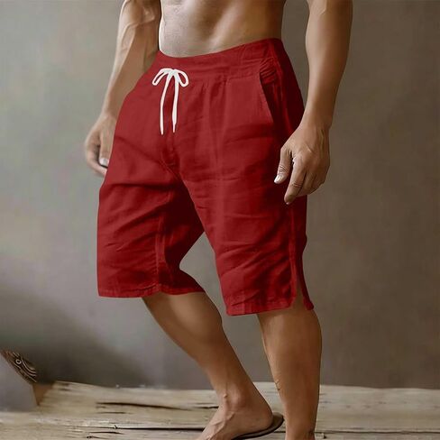 Mens Casual Shorts Cotton Elastic Waist Shorts Drawstring Summer Beach Short Side Split Lightweight Loose Short in Kuwait