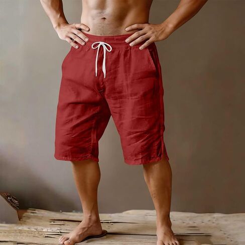 Mens Casual Shorts Cotton Elastic Waist Shorts Drawstring Summer Beach Short Side Split Lightweight Loose Short in Kuwait