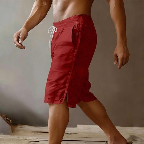 Mens Casual Shorts Cotton Elastic Waist Shorts Drawstring Summer Beach Short Side Split Lightweight Loose Short in Kuwait