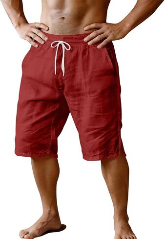 Mens Casual Shorts Cotton Elastic Waist Shorts Drawstring Summer Beach Short Side Split Lightweight Loose Short in Kuwait