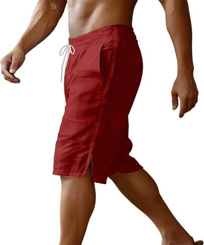 Mens Casual Shorts Cotton Elastic Waist Shorts Drawstring Summer Beach Short Side Split Lightweight Loose Short in Kuwait