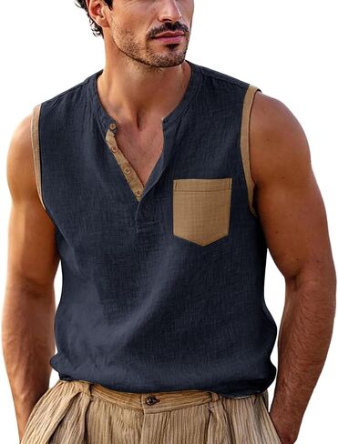 Men's Color Block Sleeveless Shirts V-Neck Cotton Linen Vest Casual Fashion Summer Tank Tops Breathable Lightweight Top in Kuwait