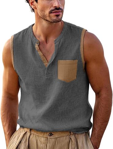 Men's Color Block Sleeveless Shirts V-Neck Cotton Linen Vest Casual Fashion Summer Tank Tops Breathable Lightweight Top in Kuwait